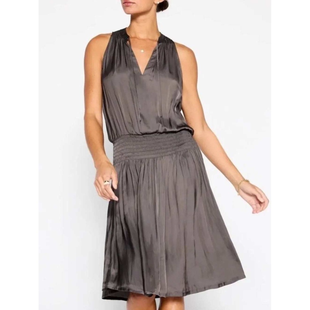 Brochu Walker Charcoal Grey Smocked Waist Pleated V-Neck Dress DSP3189 Size M